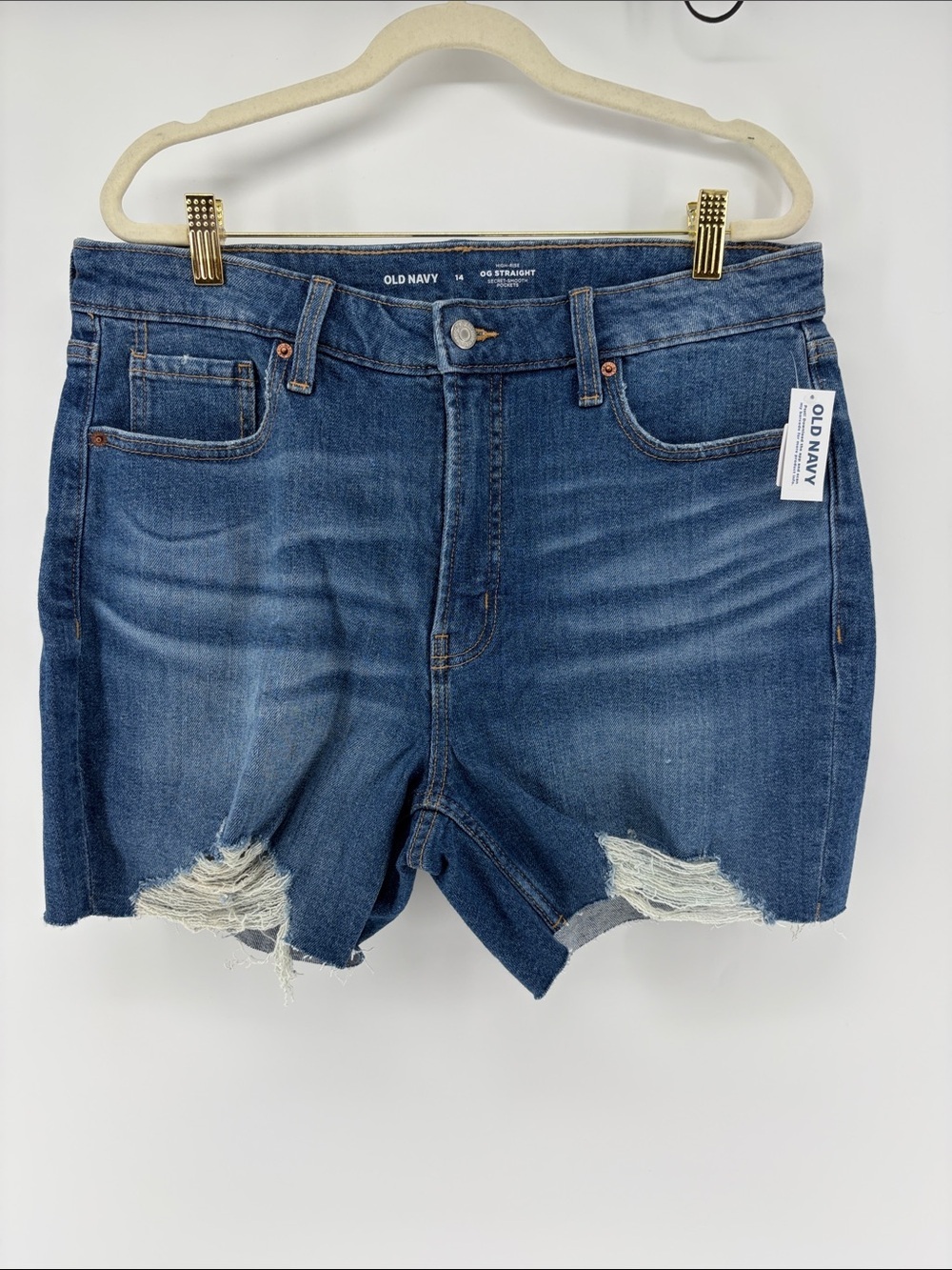 Old Navy High Rise OG Straight Secret Smooth Pockets Distressed Denim Shorts 14